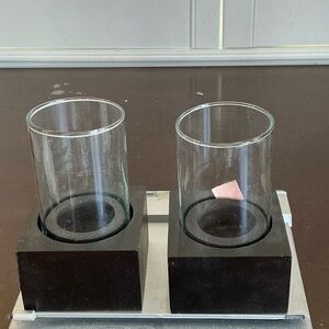 Black Mango Wood Glass Candle Holder Pair NOS